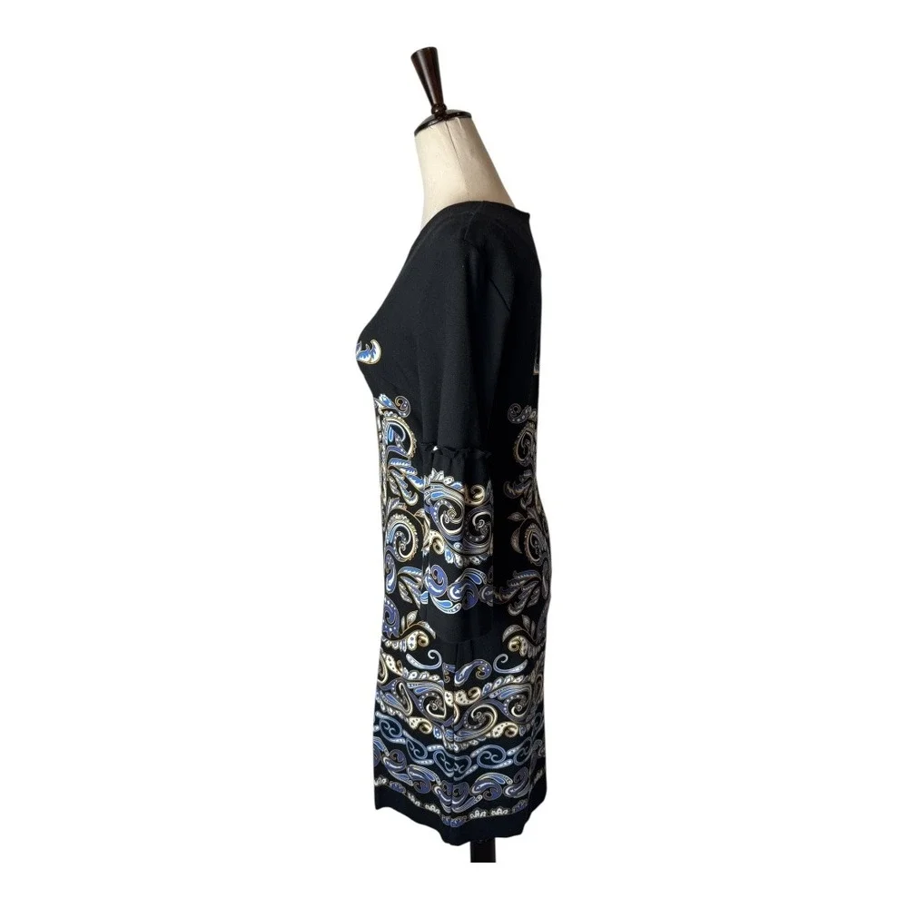 J McLaughlin Dress Women XS Black Blue Geometric Makayla Bell Sleeve Mini Preppy